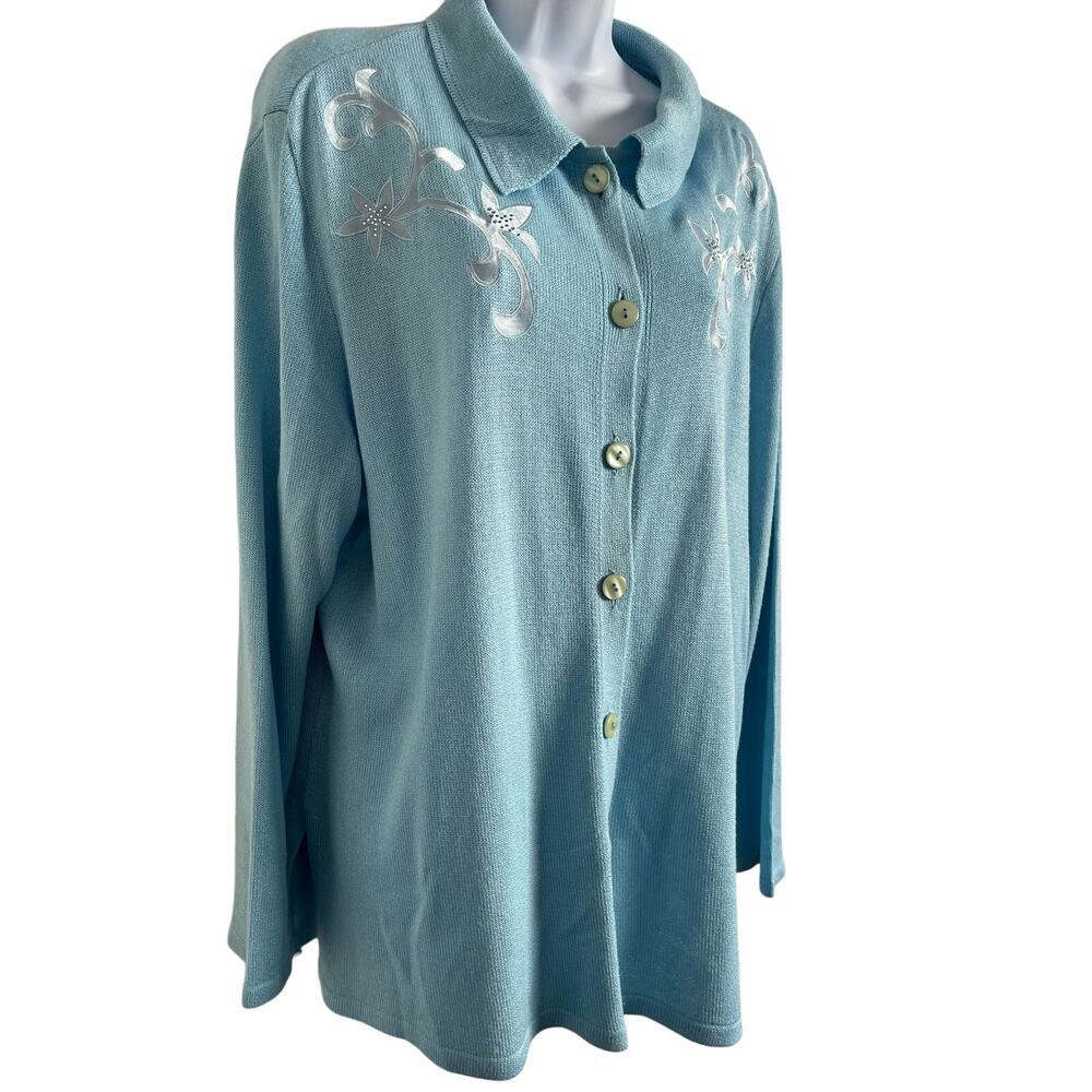 Philippe Marques Light Blue Knit Button Front Top Floral Appliqué Women Size 16